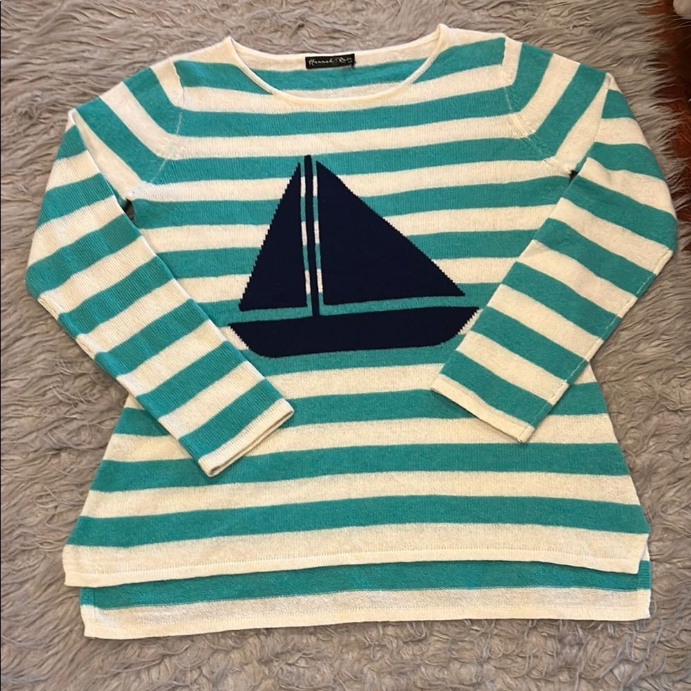 Hannah Rose Blue and Teal Stripped Crew‎ Neck Sweater with Sailboat